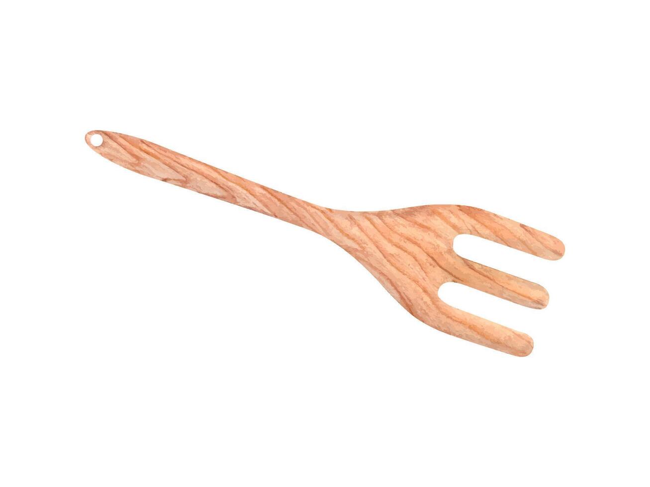 High quality wooden cooking fork. Natural and eco-friendly kitchen utensil. Perfect for mixing, stirring, and serving. Durable and easy to clean. Watercolor illustration for all your cooking needs. vector