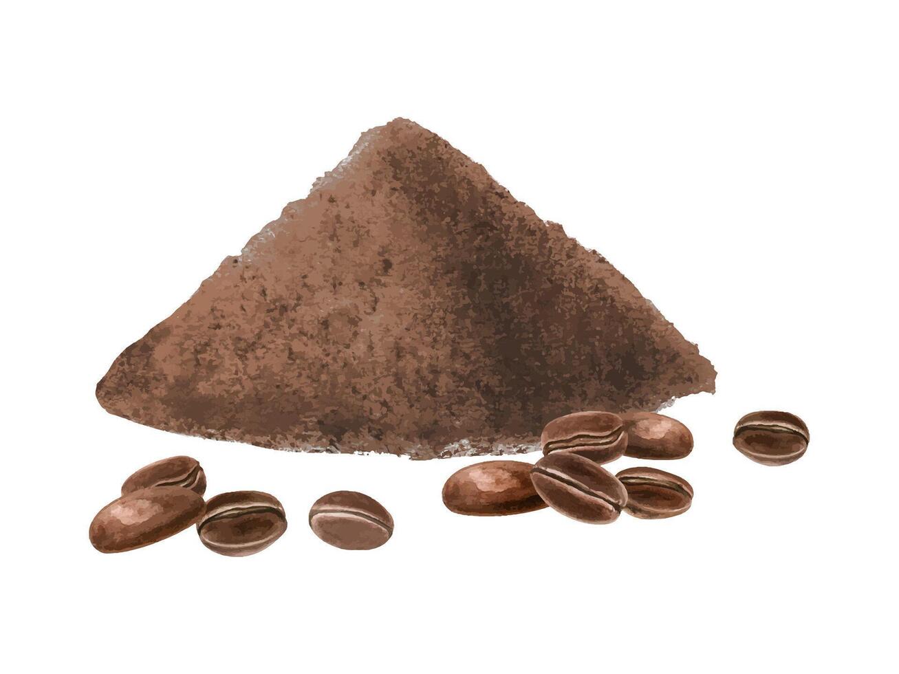 Coffee beans and powder. Roasted coffee grains with ground. Enticing aroma and flavor of coffee. Watercolor illustration. Ingredient for morning invigorating aromatic drink, recipe design, menu vector