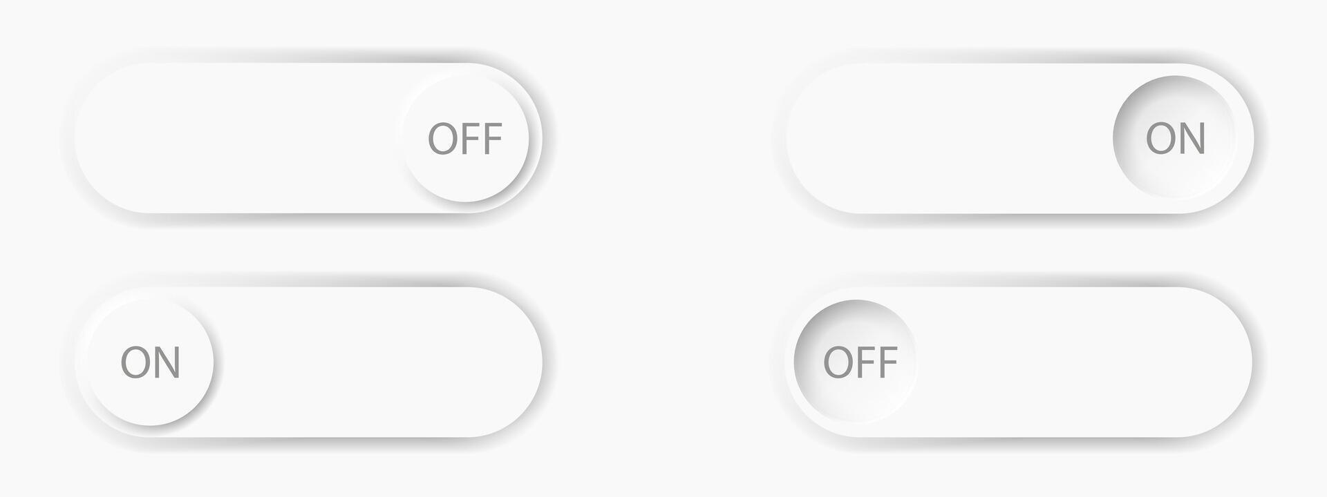 Neumorphic UI design on and off buttons set illustration. Neumorphism soft and smooth white 3d slider bars, active unlock and lock power badges, user interface switch panels with shadow vector