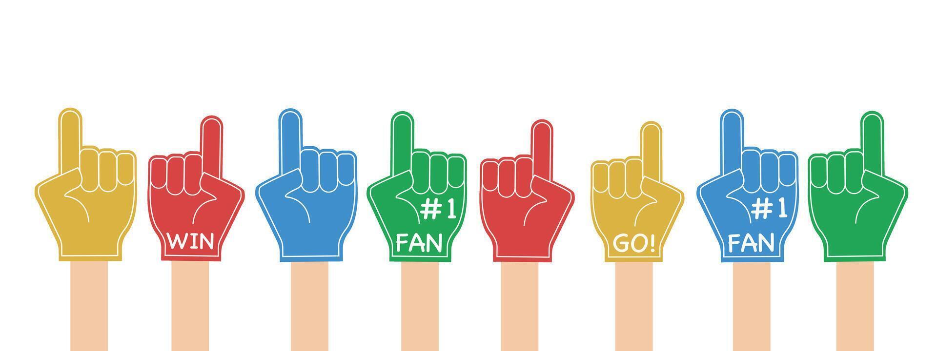 Fan foam fingers. Hands up with colorful glove. stadium supporter pride accessory, football victory symbol. Best sport team cheering. illustration isolated on transparent background vector