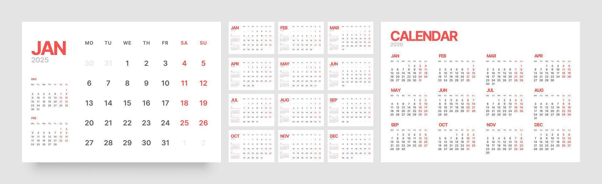 Monthly calendar template for 2025 year. Diary planner in a minimalist style. Week Starts on Monday. vector