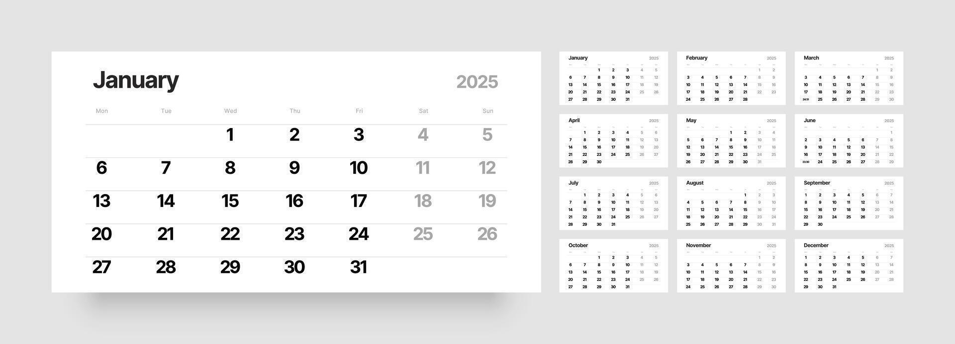 Monthly calendar template for 2025 year. Quarterly calendar in a minimalist style. Week Starts on Monday. vector