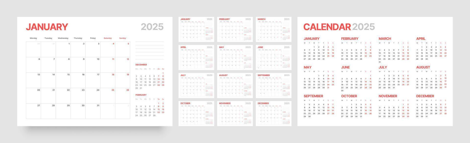 Monthly calendar template for 2025 year. Diary planner in a minimalist style. Week Starts on Monday. vector