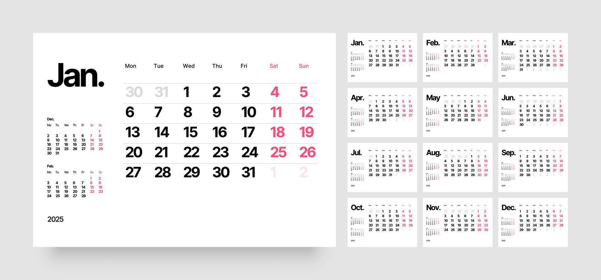 Monthly calendar template for 2025 year. Wall calendar in a minimalist style. Week Starts on Monday. vector