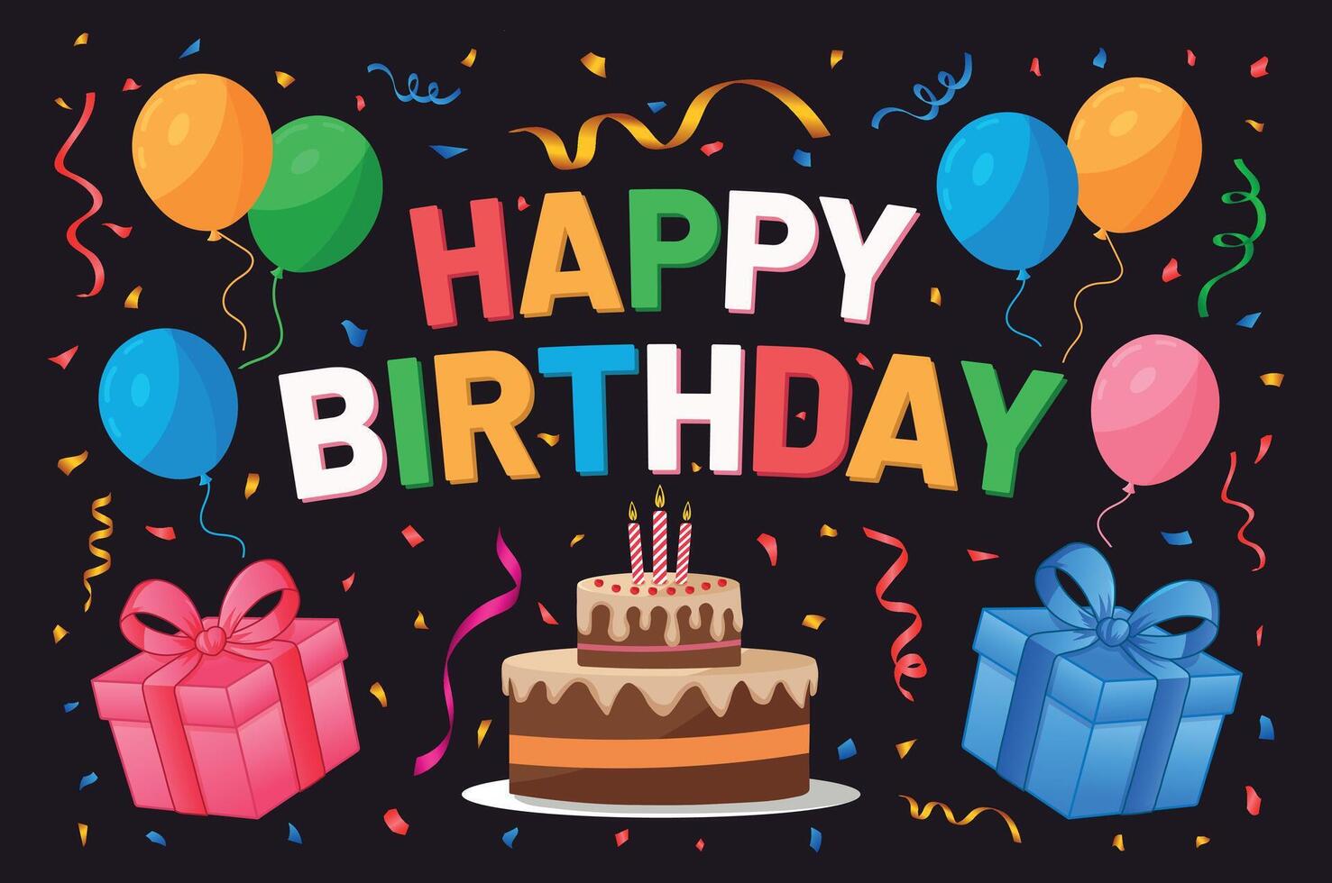 Colorful Happy Birthday typography greeting card poster with birthday balloons, cake, gift box, and confetti vector