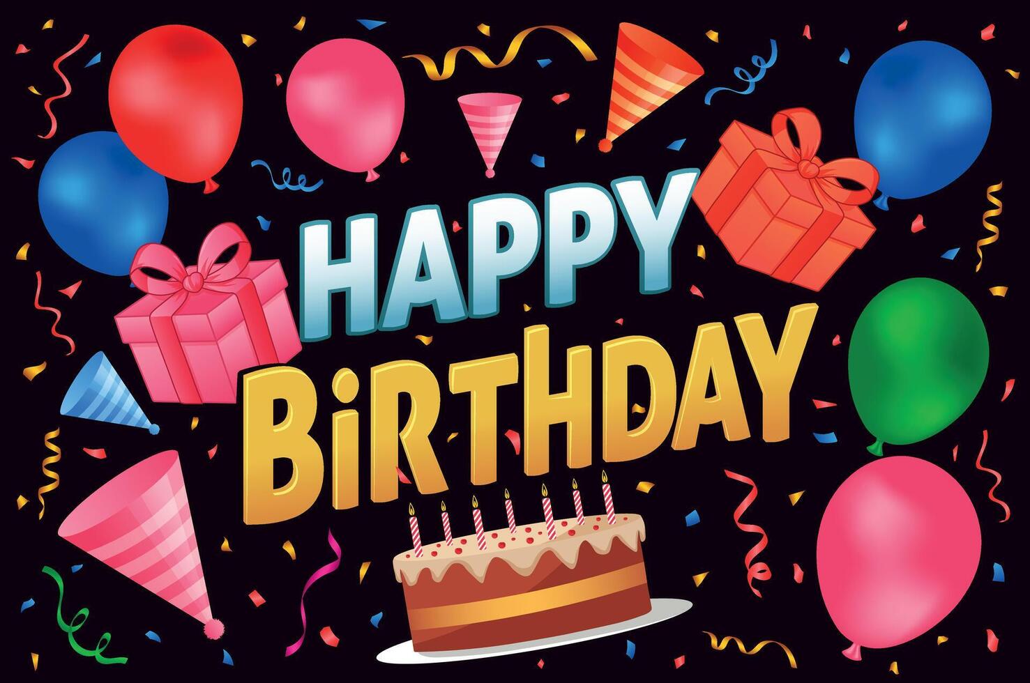 Colorful Happy Birthday typography greeting card poster with birthday balloons, cake, gift box, hat, and confetti vector