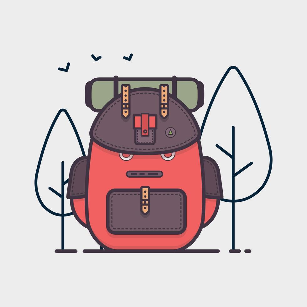 illustration of a backpack in the forest. Flat style design. vector