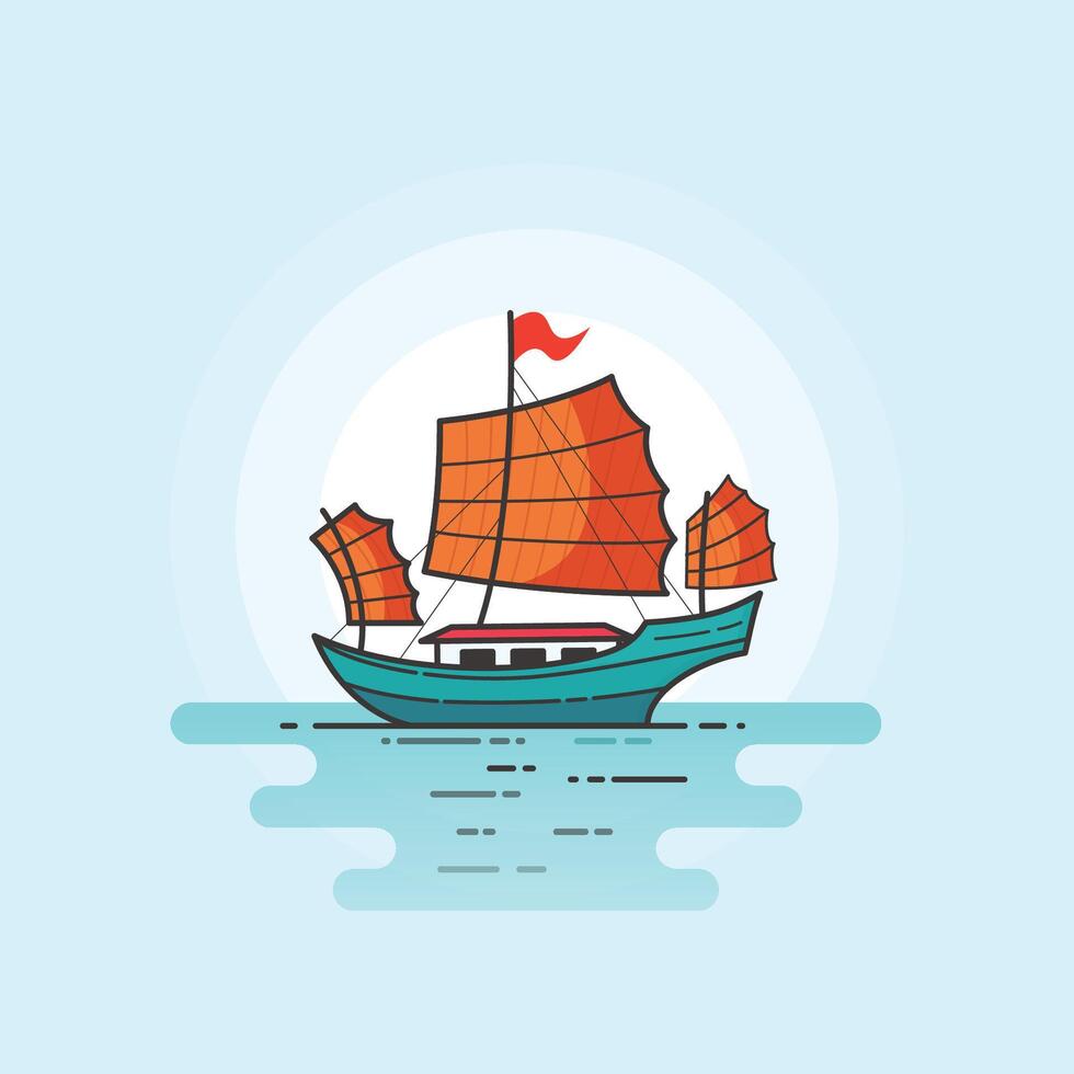 ship on the sea in the blue water on the sun background vector