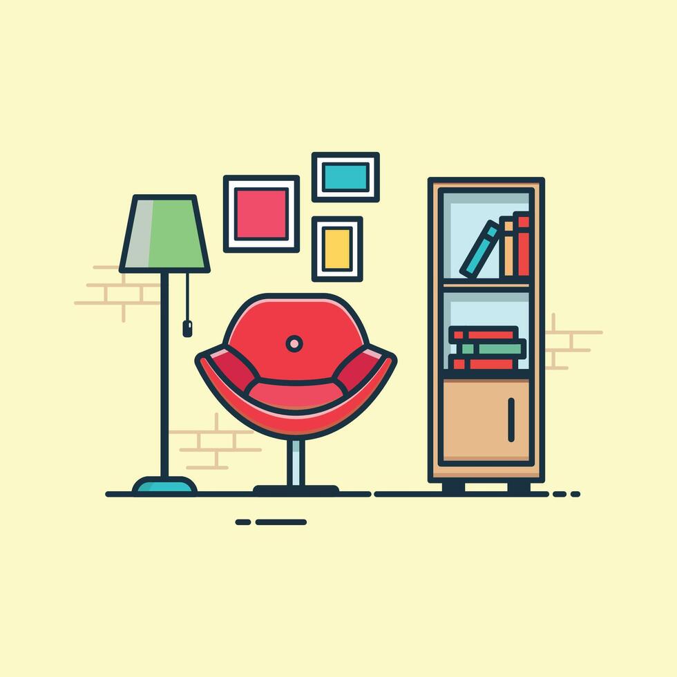 Living room with sofa, lamp, bookshelf and armchair. Flat style illustration. vector