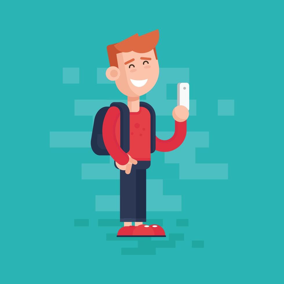 Young man with mobile phone. illustration in a flat style. vector