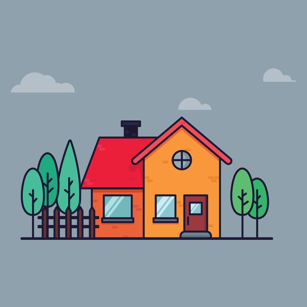 Illustration of a Suburban House With a Red Roof and Green Trees vector