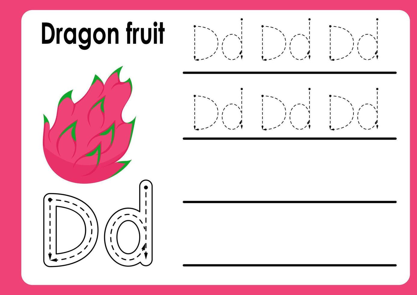 Letter d worksheet with dragon fruit. Alphabet Tracing Activity Workbook in Colorful Cute Illustrative Style vector