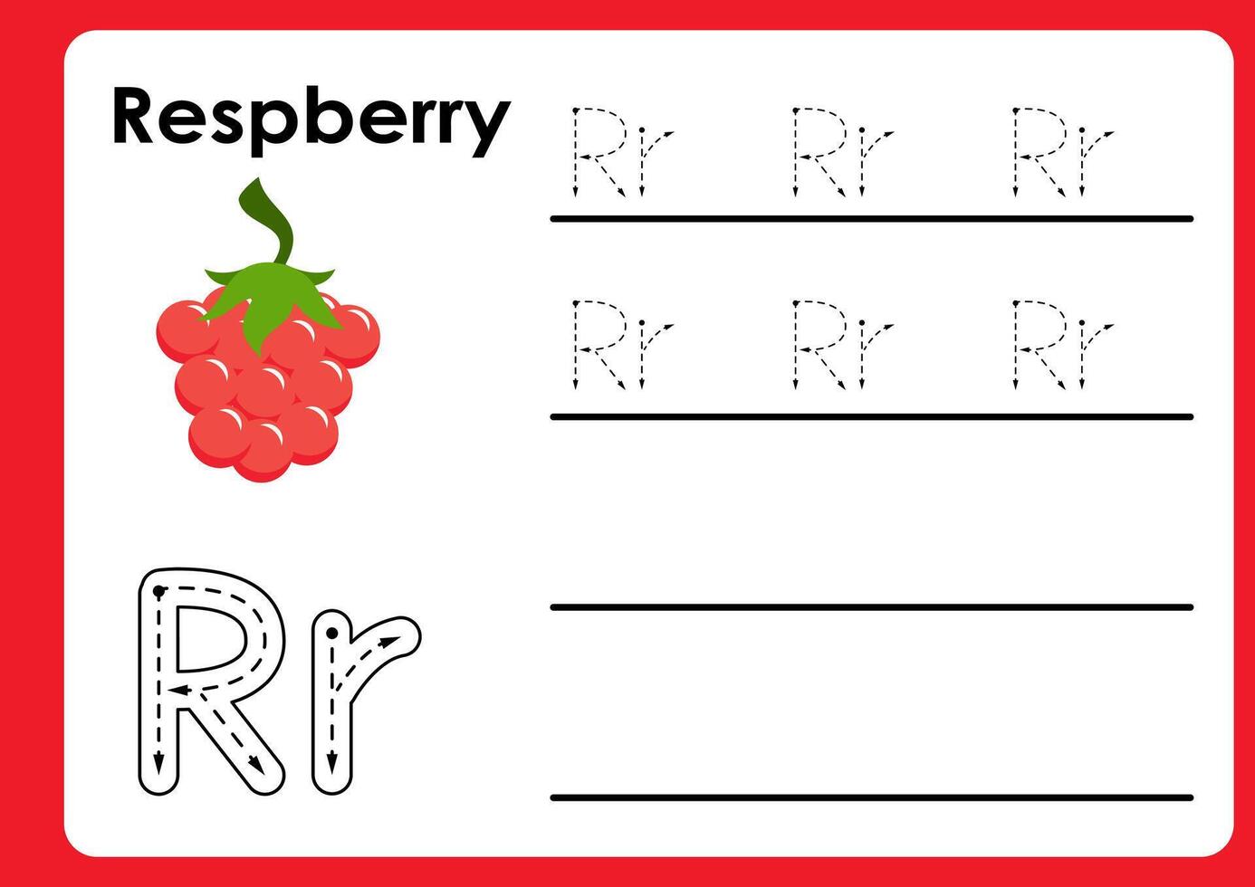 Letter r worksheet with respberry. Alphabet Tracing Activity Workbook in Colorful Cute Illustrative Style vector