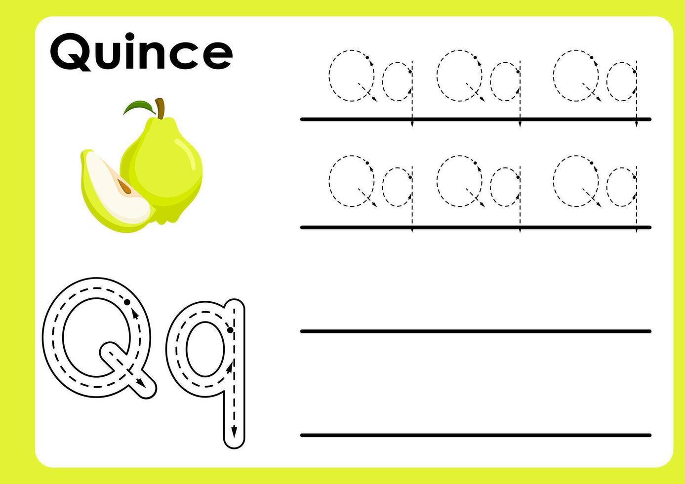 Letter q worksheet with quince. Alphabet Tracing Activity Workbook in Colorful Cute Illustrative Style vector