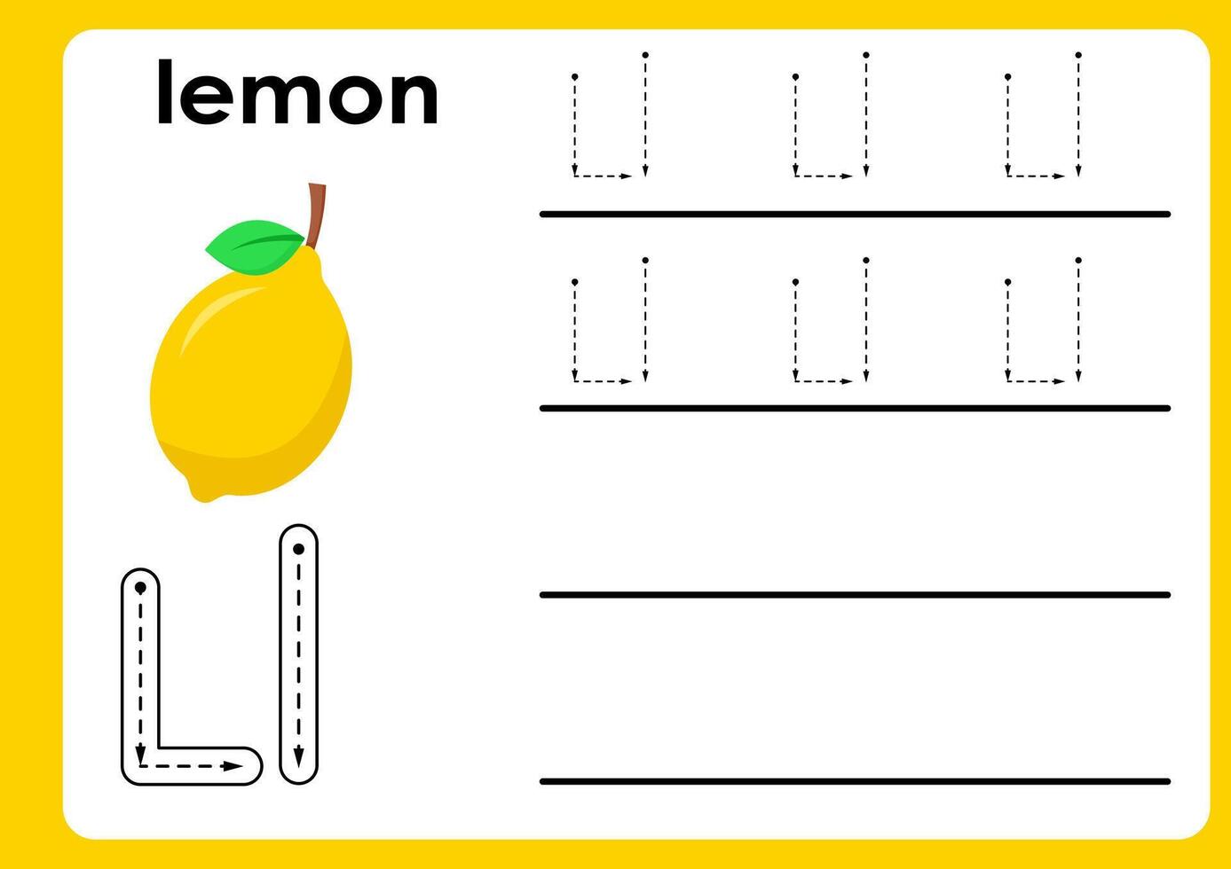 Letter l worksheet with lemon. Alphabet Tracing Activity Workbook in Colorful Cute Illustrative Style vector
