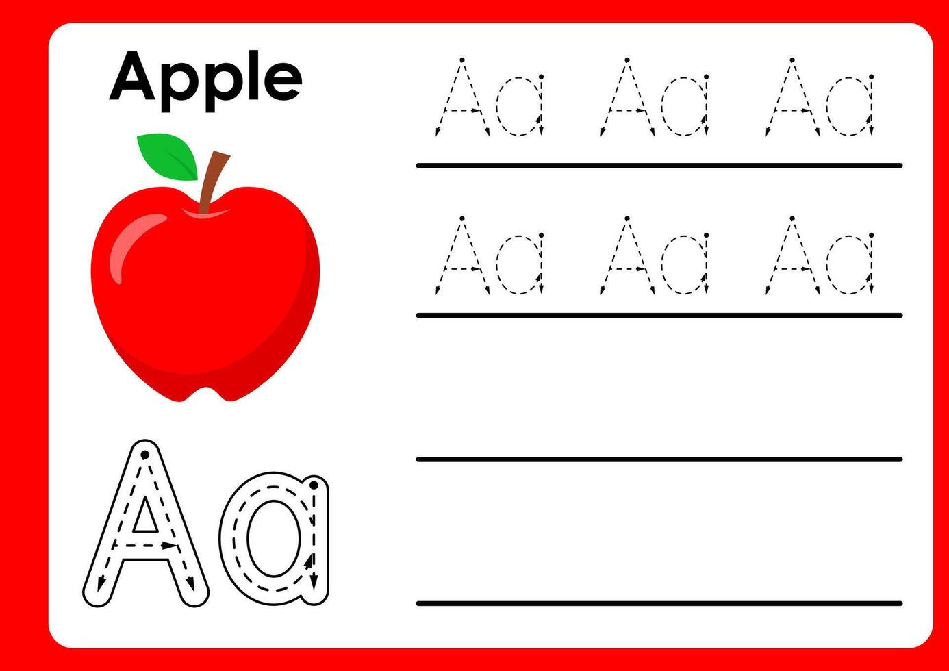 Letter a worksheet with apple. Alphabet Tracing Activity Workbook in Colorful Cute Illustrative Style vector