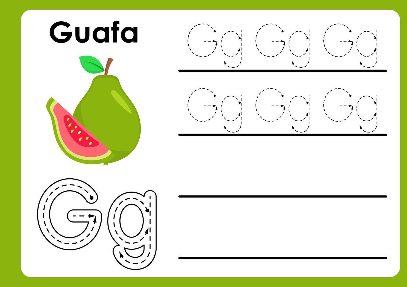 Letter g worksheet with guava. Alphabet Tracing Activity Workbook in Colorful Cute Illustrative Style vector