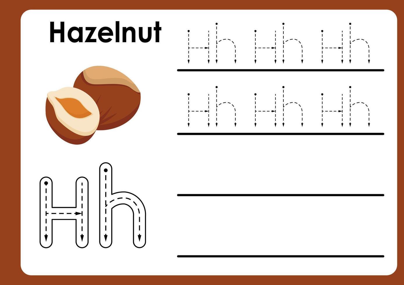 Letter h worksheet with hazelnut. Alphabet Tracing Activity Workbook in Colorful Cute Illustrative Style vector