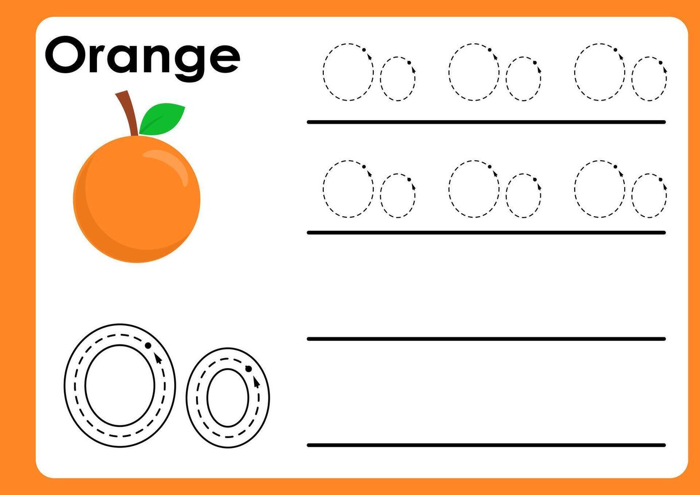 Letter o worksheet with orange. Alphabet Tracing Activity Workbook in Colorful Cute Illustrative Style vector