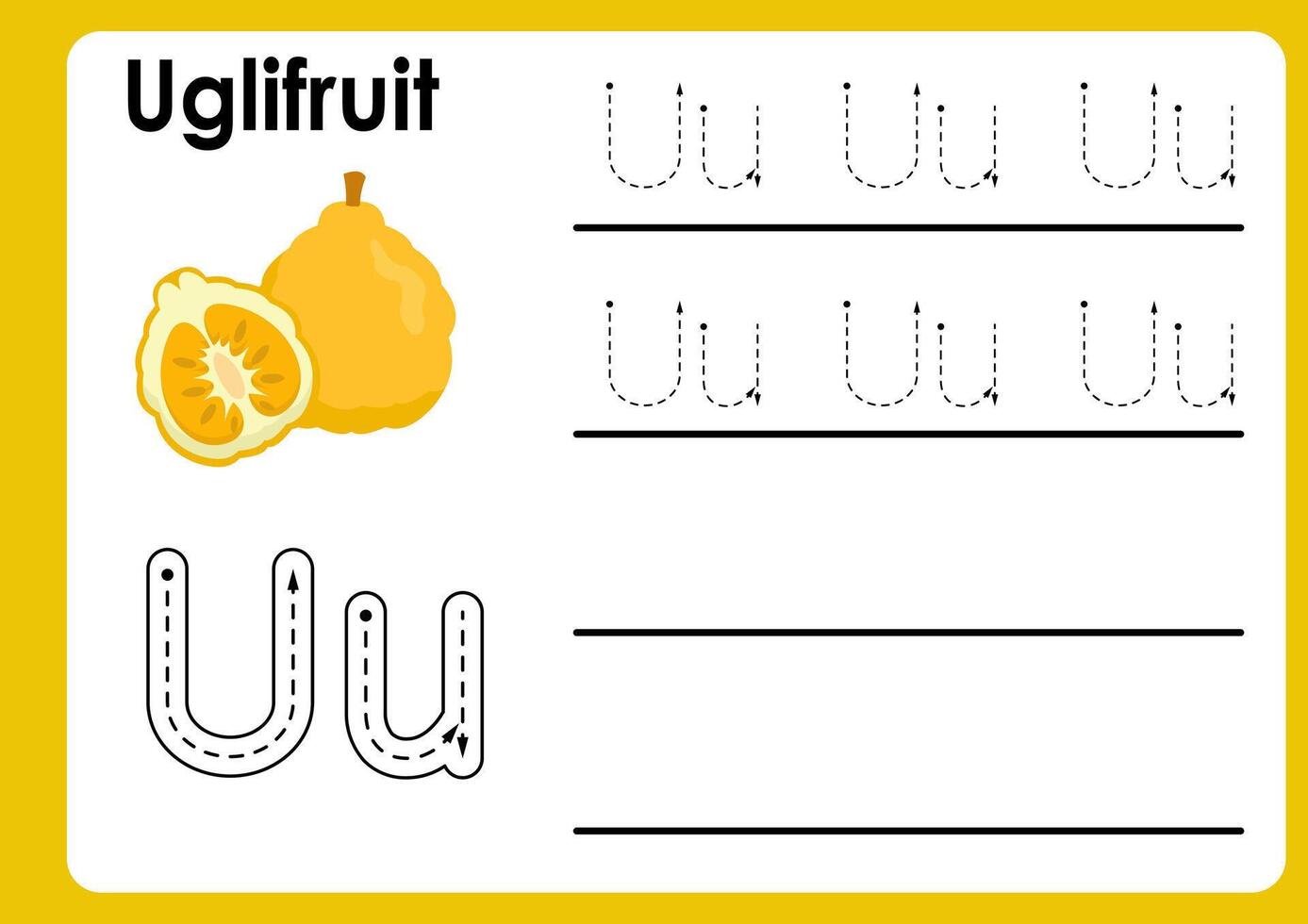Letter u worksheet with uglifruit. Alphabet Tracing Activity Workbook in Colorful Cute Illustrative Style vector
