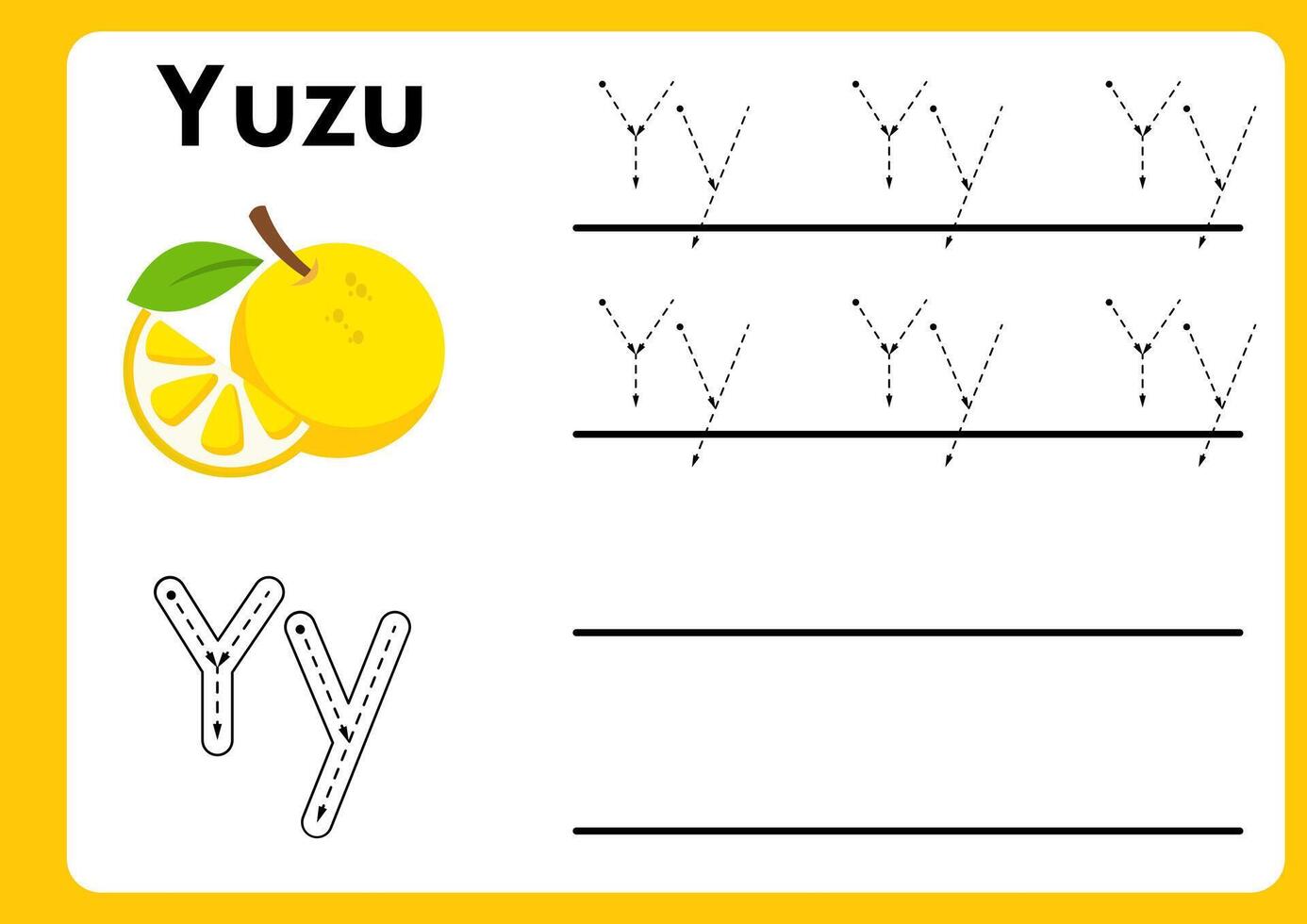 Letter y worksheet with yuzu. Alphabet Tracing Activity Workbook in Colorful Cute Illustrative Style vector