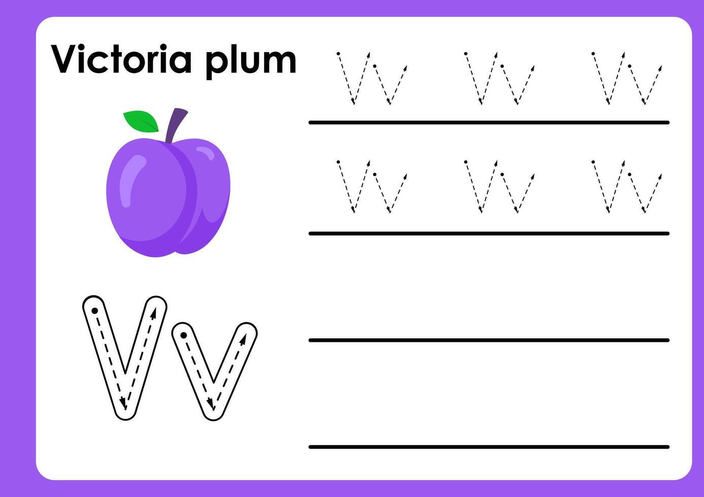 Letter v worksheet with victoria plum. Alphabet Tracing Activity Workbook in Colorful Cute Illustrative Style vector