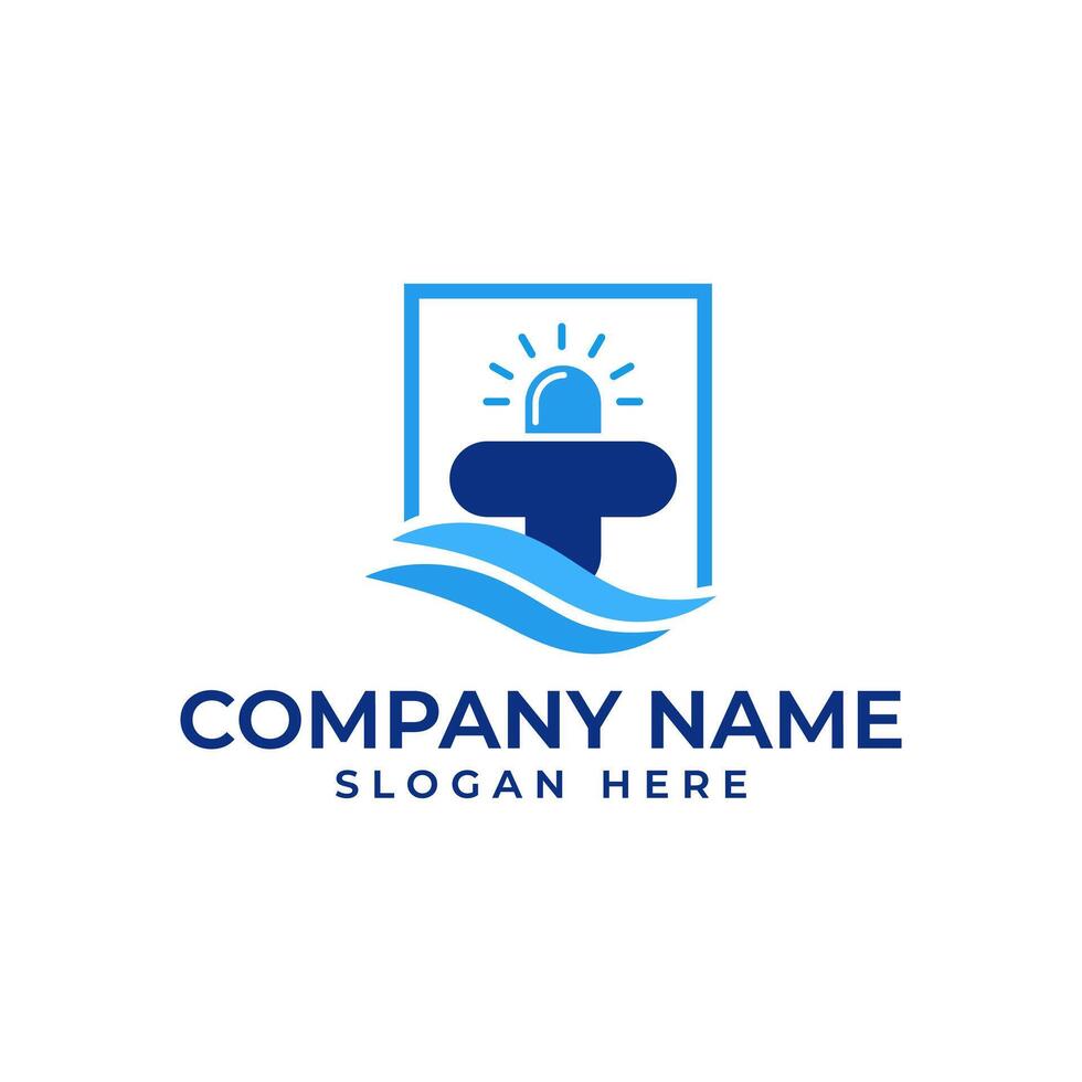 coast Ambulance logo with element of siren on top of medical cross and wave in aqua and blue vector