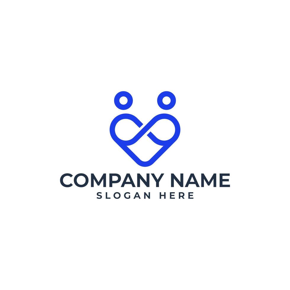 The Heart love and encompass logo showing the infinity love and 2 people connect each other in lineart style vector