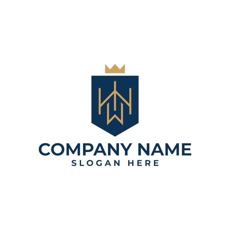 HW initial lettermark inside the shield and the crown on top with combination of royal blue and gold color give the logo luxury and elegance vibes vector