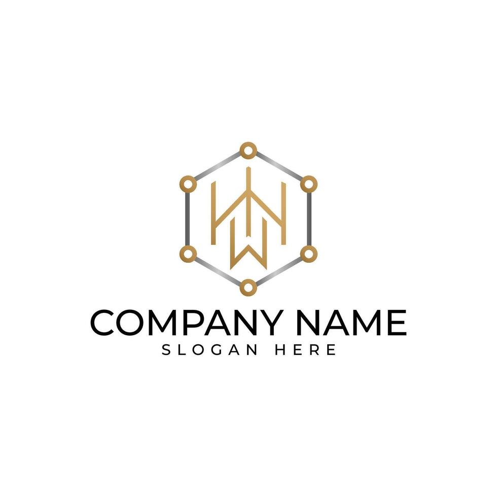 The initial WH logomark in gold color isolated by the hexagon shape of connected dot represent the wealth networking and investment and executed in modern luxury elegance and minimalist stye vector