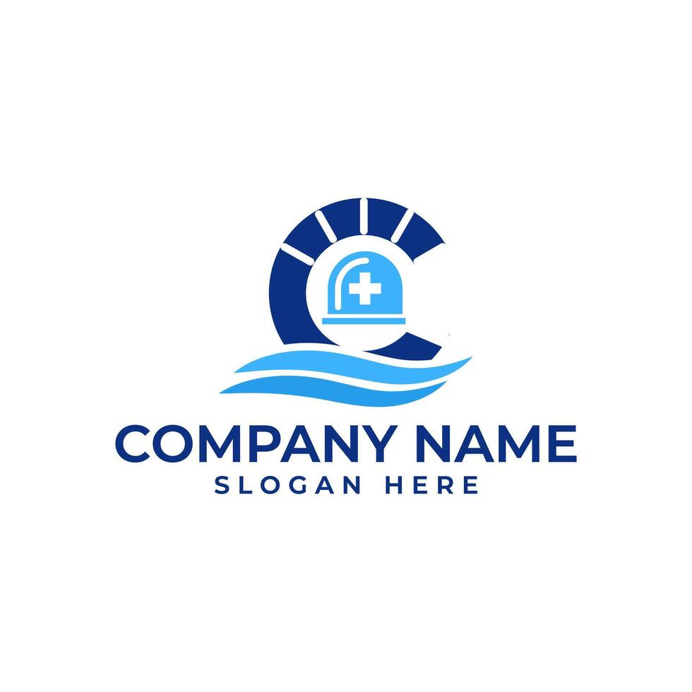 C initial lettermark with siren in the middle and wave to signify coast ambulance vector