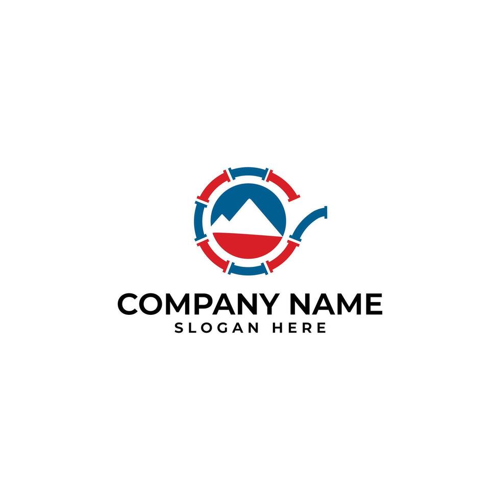 HVAC and plumbing logo with the mountain and pipe as the design element in blue and red color vector