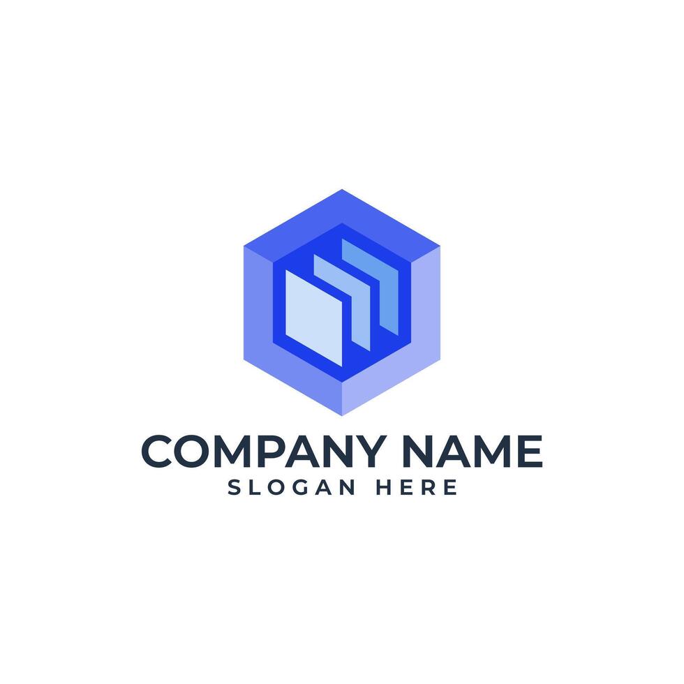 Storage logo with the 3 arrow and the stacking data in hexagon cube shape as design template for technology ai industry vector