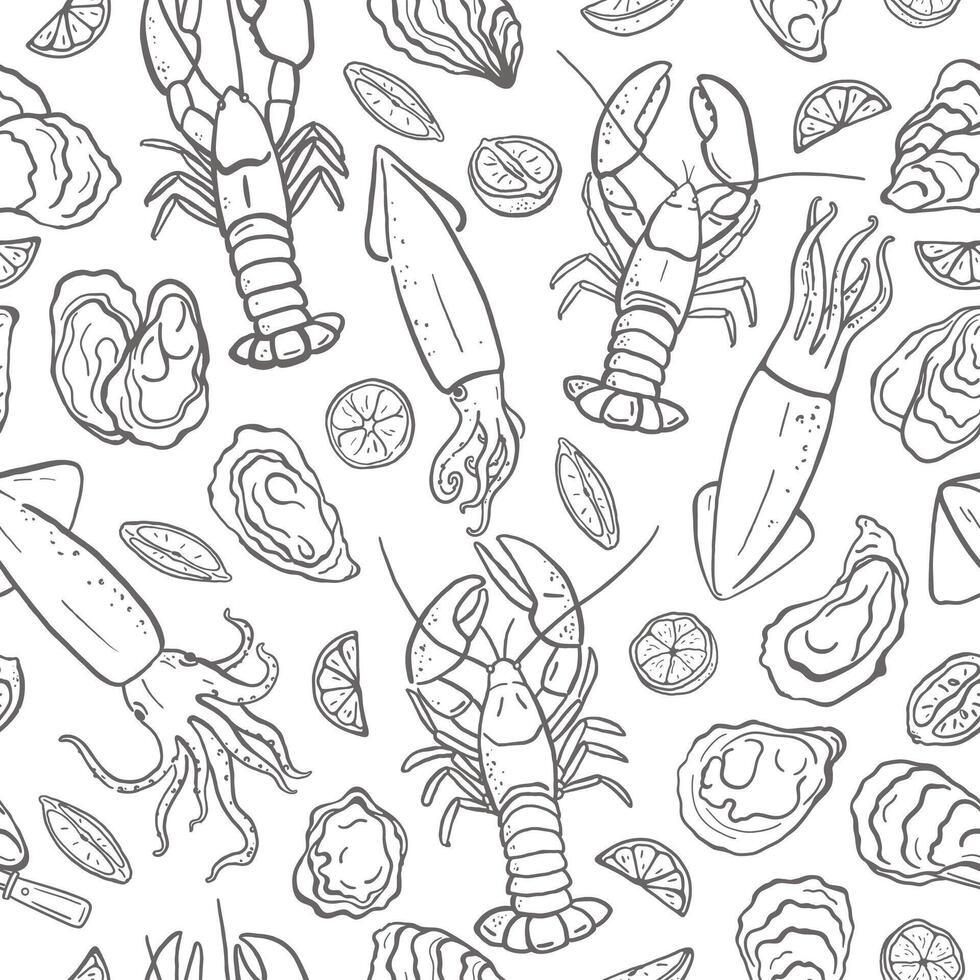 Simple hand drawn sea food seamless pattern in black and white colors. Lobsters, squids and oysters vector