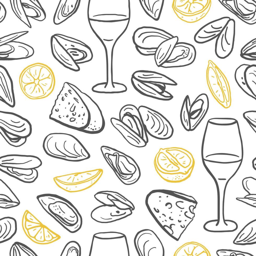 Minimalistic seamless pattern of mussels, lemons and wine. Hand drawn seafood design for fabric, textile, wrapping paper vector