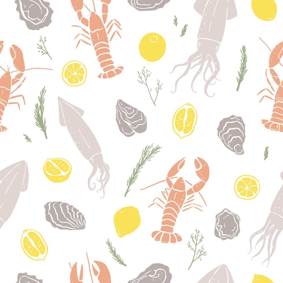 Sea food colorful seamless pattern. Lobster, oysters and squid in hand drawn style. Underwater inhabitants vector