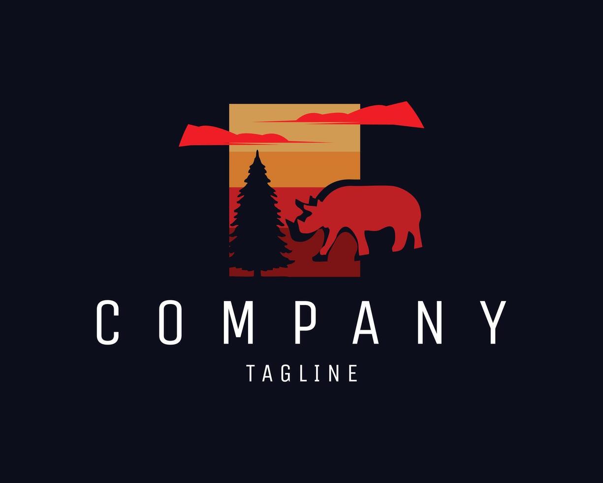 the silhouette of a rhinoceros logo in the middle of a forest appears from the side with great inspiration. it looks so beautiful with the amazing red sky. best for logo, badge, vector
