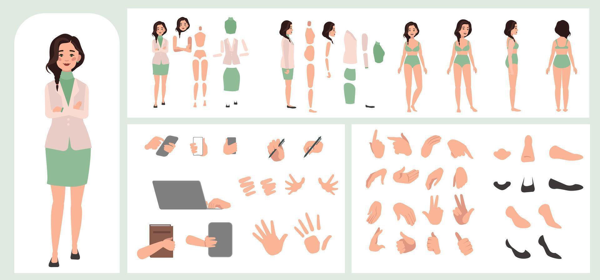Business woman avatar creation suitable for animation. Generator, constructor of diverse views of face, body, hands and leg parts. Female character construction for comfortable fast motion design. vector