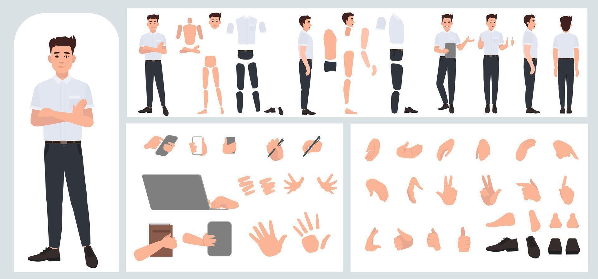Business man avatar creation suitable for animation. Generator, constructor of diverse views of face, body, hands and leg parts. Male character construction for comfortable fast motion design. vector