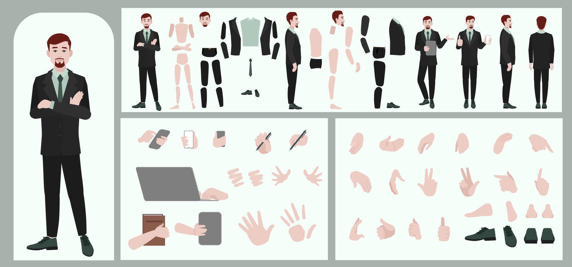 Business man avatar creation suitable for animation. Generator, constructor of diverse views of face, body, hands and leg parts. Male character construction for comfortable fast motion design. vector