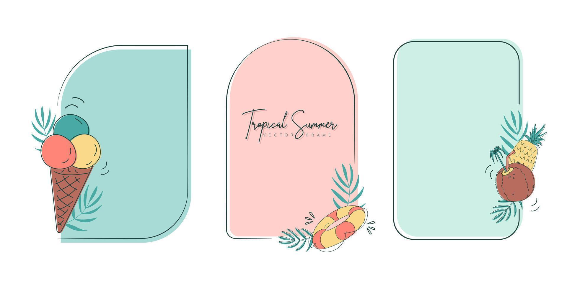 Set of hand drawn line art frames with tropical summer elements. Template frame for monogram, logo, invitation, postcard, and more. Vintage wreath illustration isolated on white background. vector