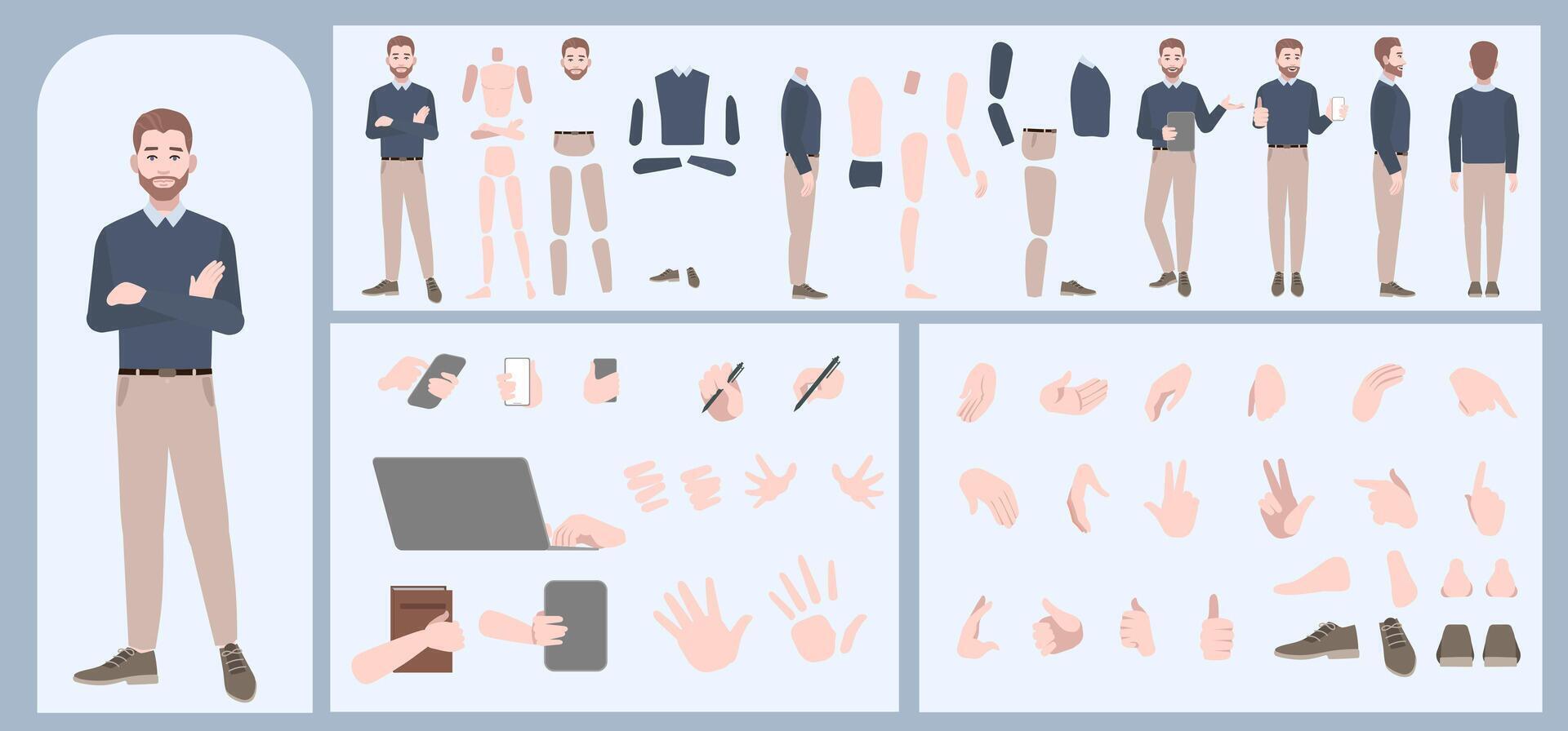 Business man avatar creation suitable for animation. Generator, constructor of diverse views of face, body, hands and leg parts. Male character construction for comfortable fast motion design. vector