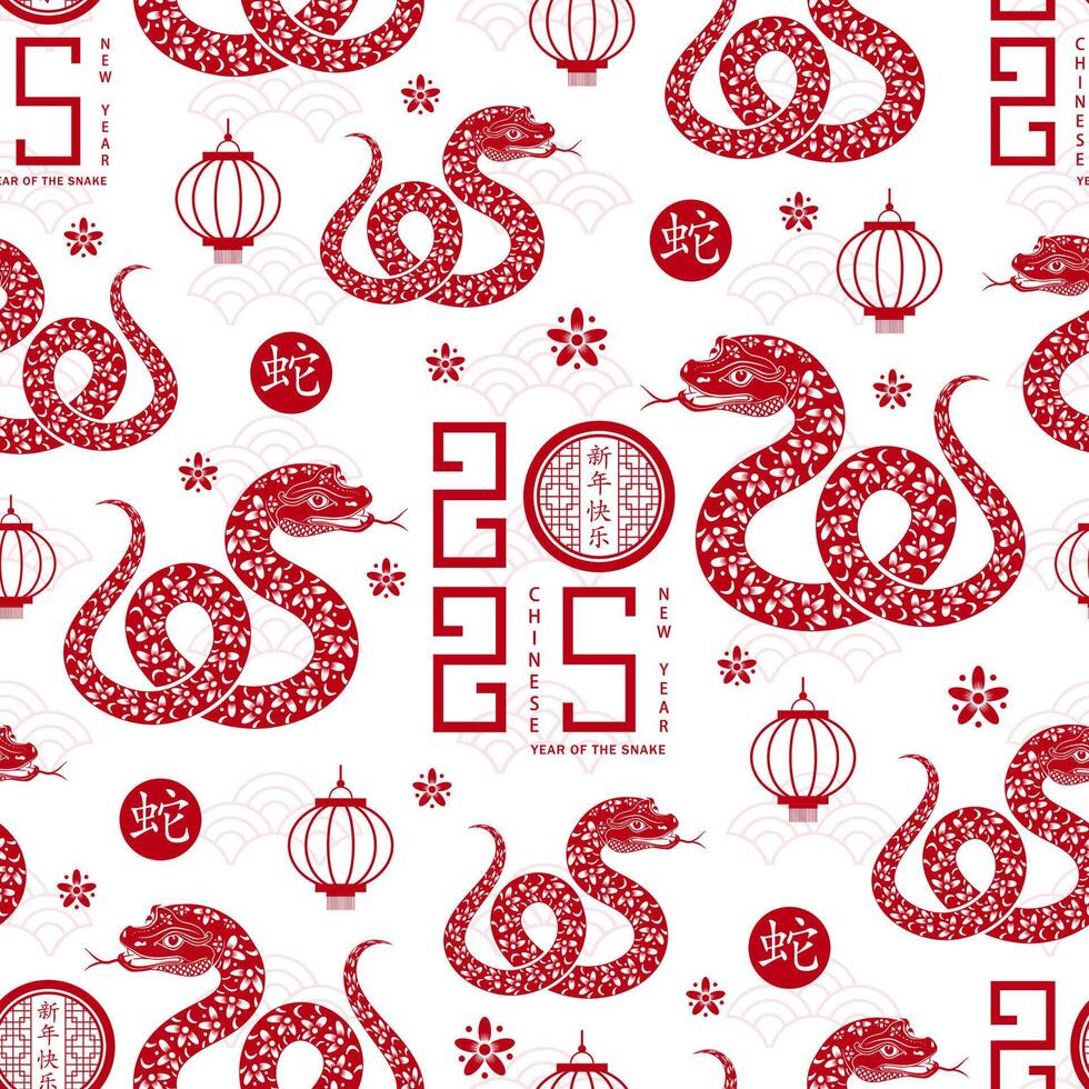 Seamless pattern with Asian elements for happy Chinese new year of the Snake 2025 vector
