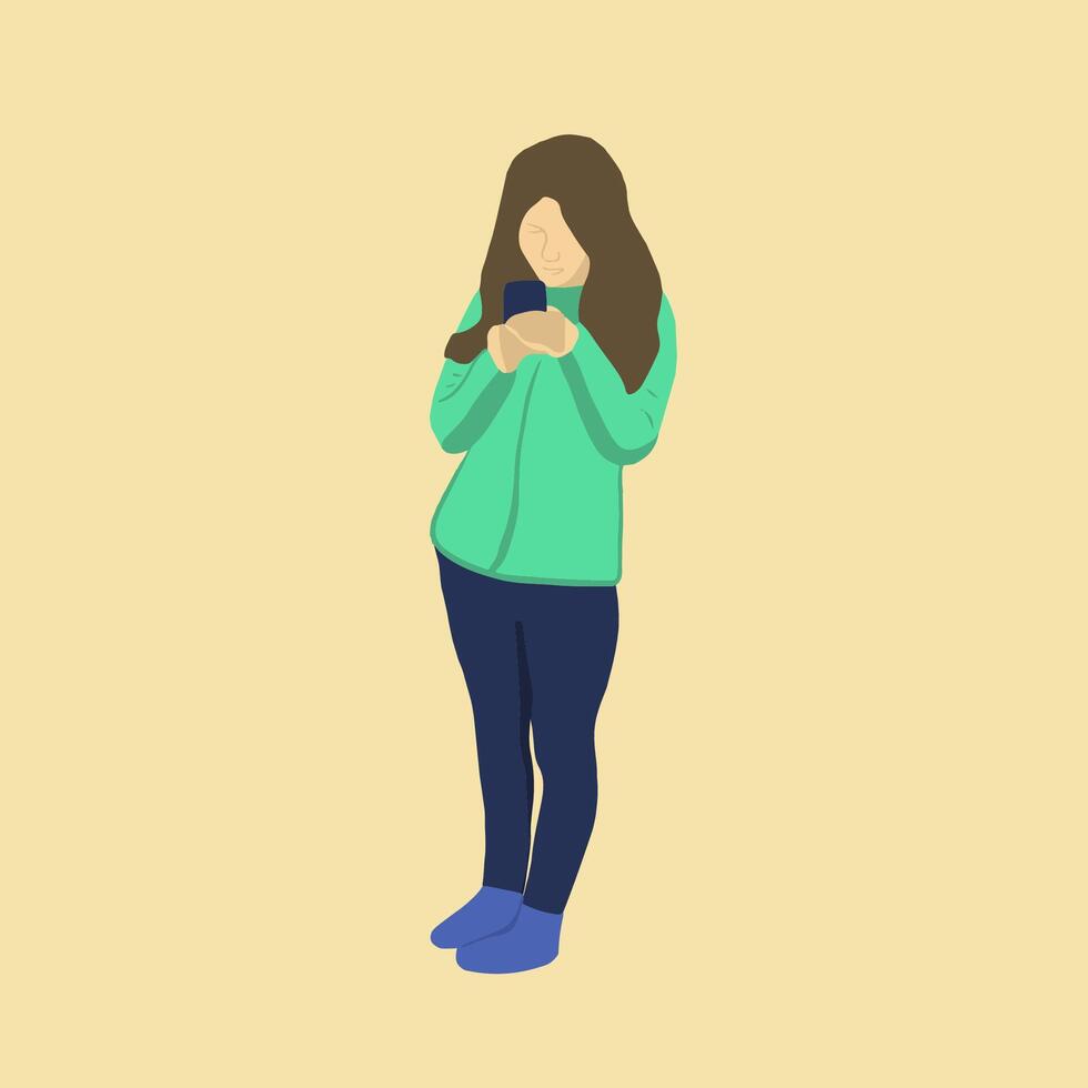 a girl looking at a smartphone. vector