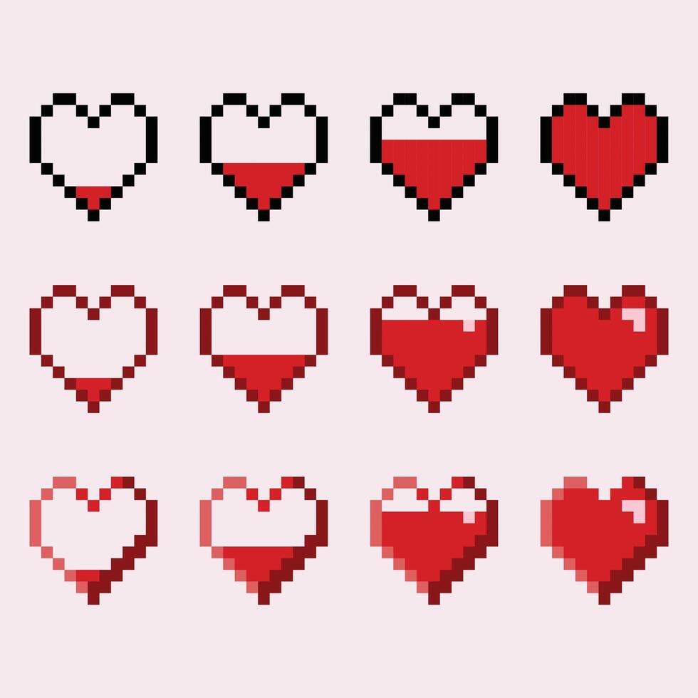 isolated pixel game heart life bar icon symbol set. Gaming controller 8 bit style health bar art. For game development, mobile app,scrapbooking, graphic, social media vector