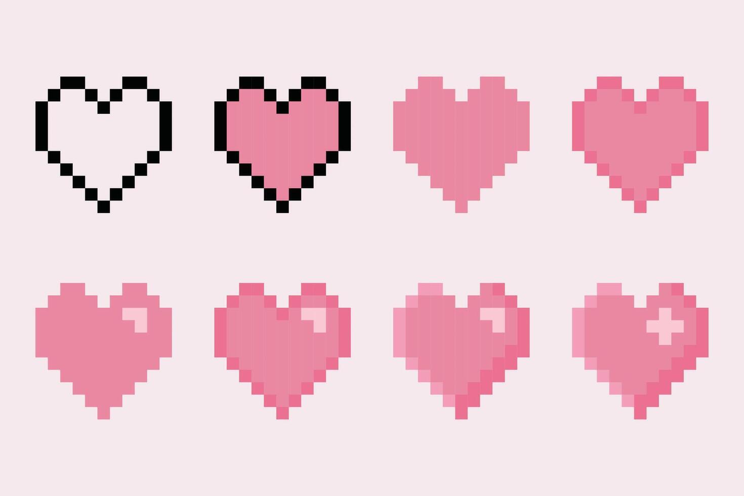 isolated pixel heart symbol set. Gaming controller, symbols 8 bit style. For game development, mobile app,scrapbooking, graphic, social media vector