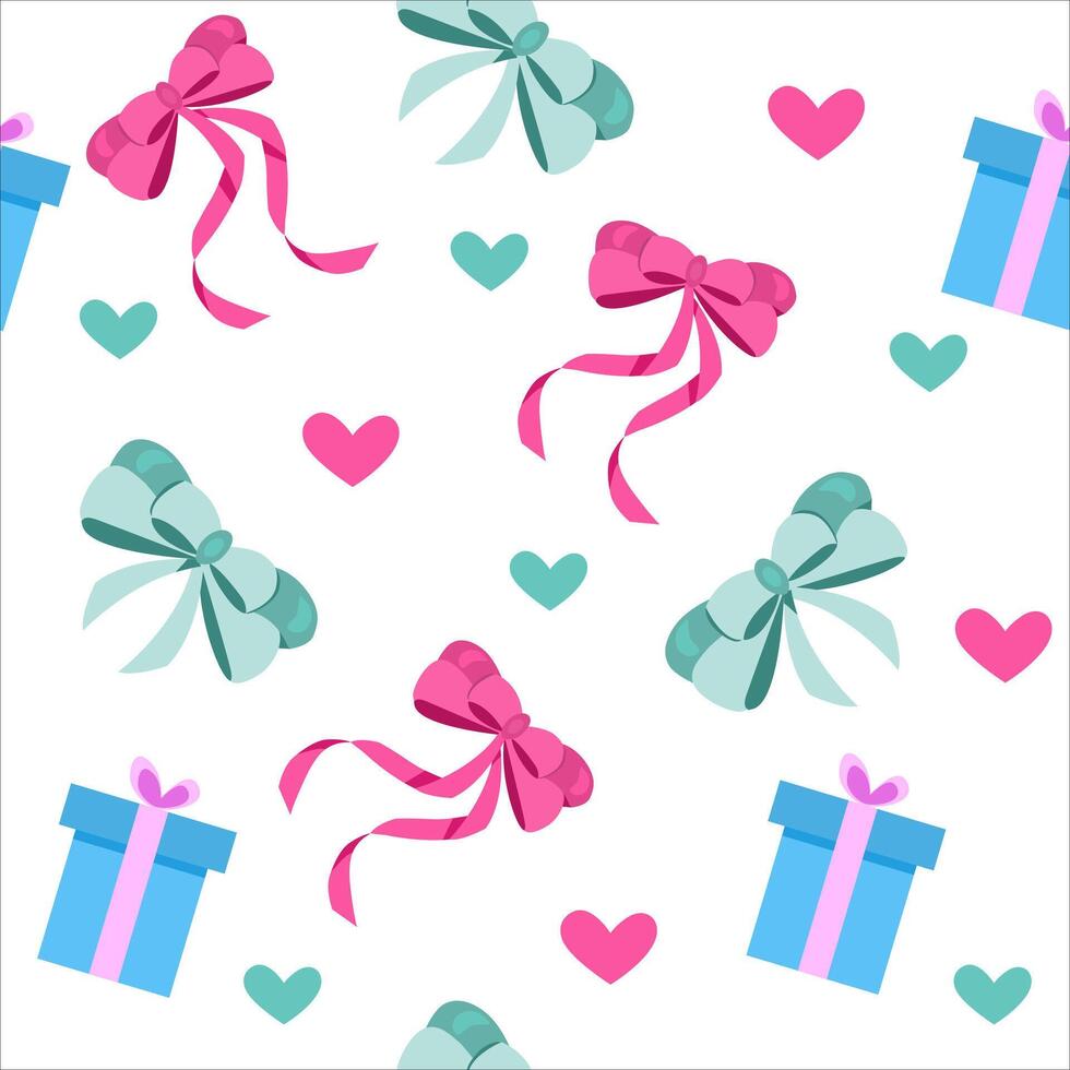 seamless pattern of bows, gifts and hearts. Unique design for holiday packaging vector