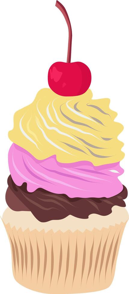 Colorful cute bake shop cupcake with cherry illustration. Sweet food. vector