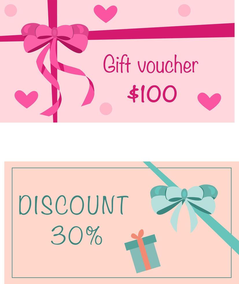 Gift vouchers with realistic bows and ribbon. design of discount card, certificat vector