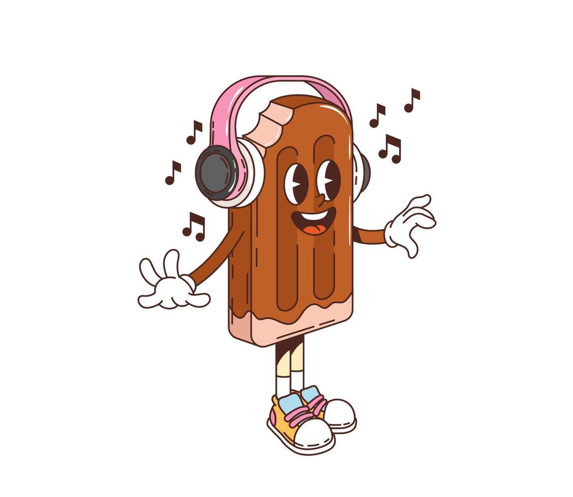 Retro groovy ice cream character with headphones vector
